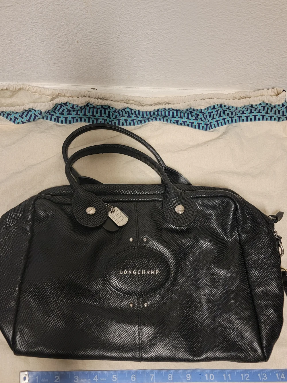 Longchamp Black Textured Satchel with Logo Charm